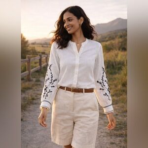 Club Monaco Linen Boho Blouse White XS Embroidered Sleeve Button Shirt Summer